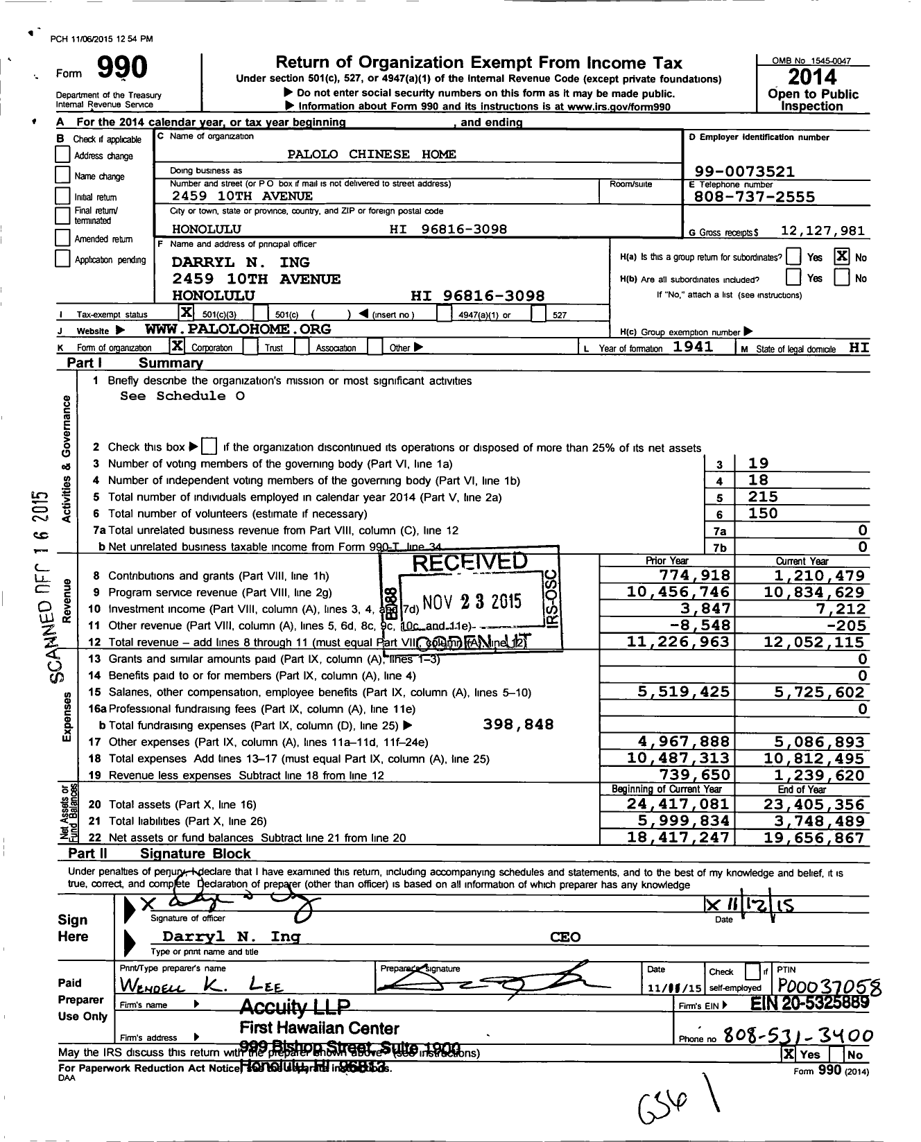 Image of first page of 2014 Form 990 for Palolo Chinese Home
