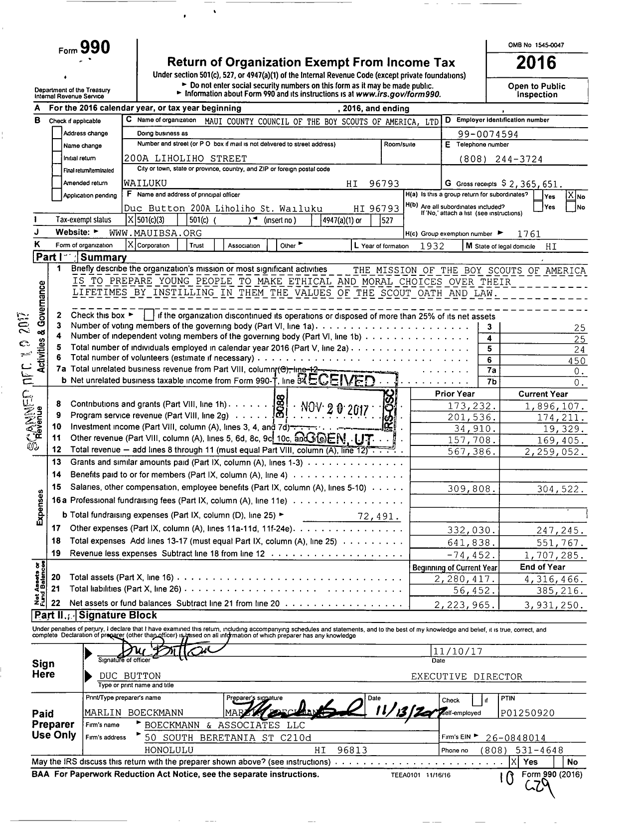 Image of first page of 2016 Form 990 for Maui County Council of the Boy Scouts of America