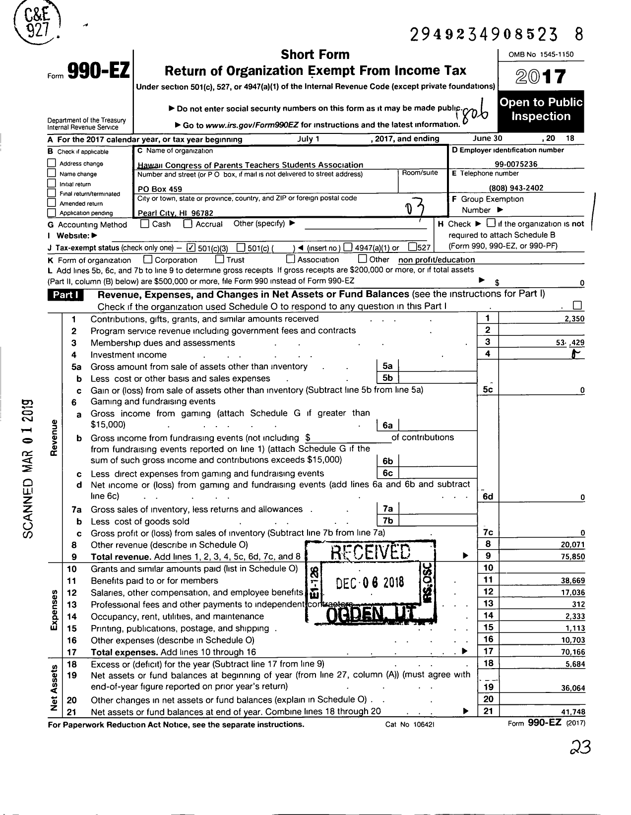 Image of first page of 2017 Form 990EZ for Hawaii Congress of Parents Teachers and Students Association