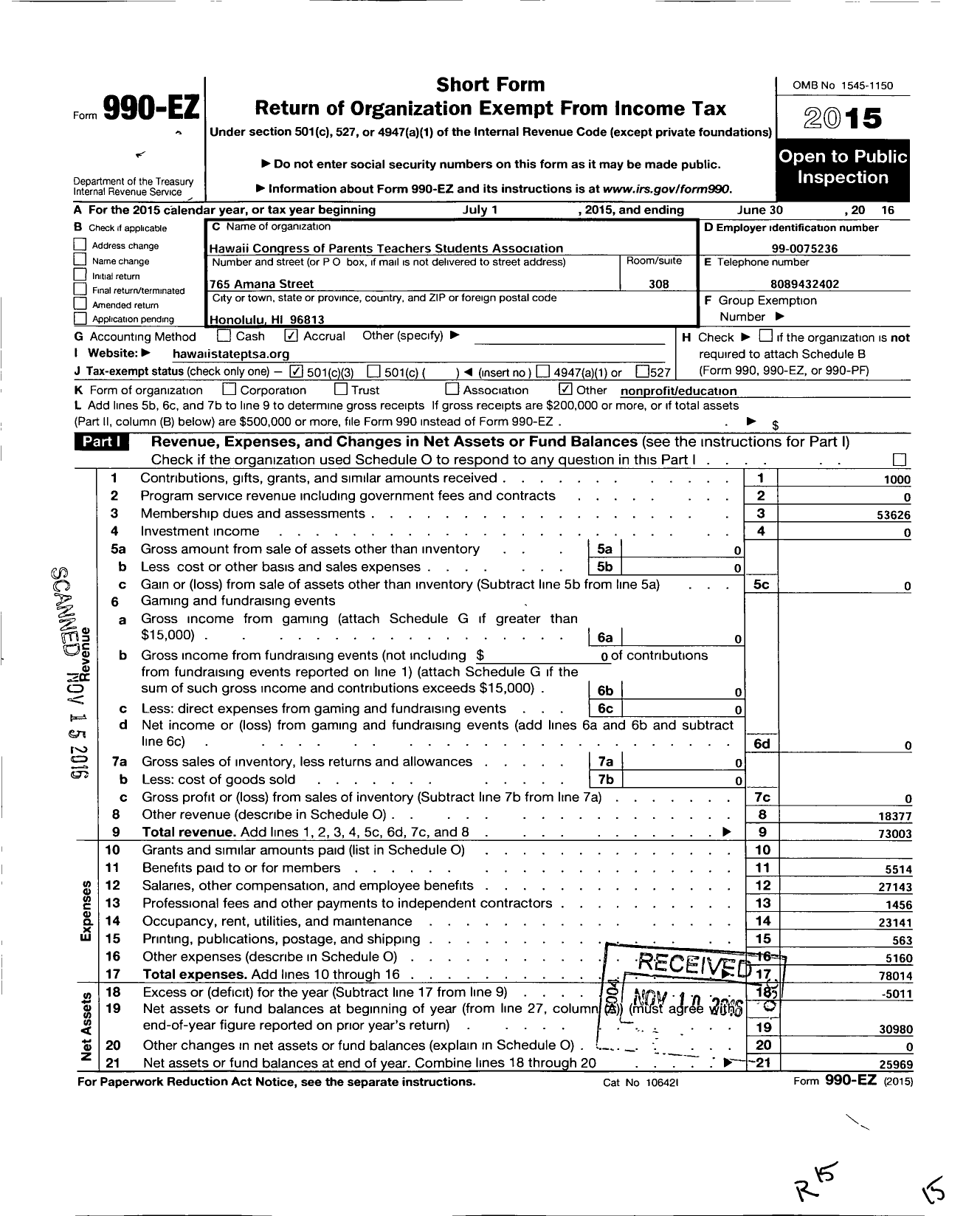 Image of first page of 2015 Form 990EZ for Hawaii Congress of Parents Teachers and Students Association