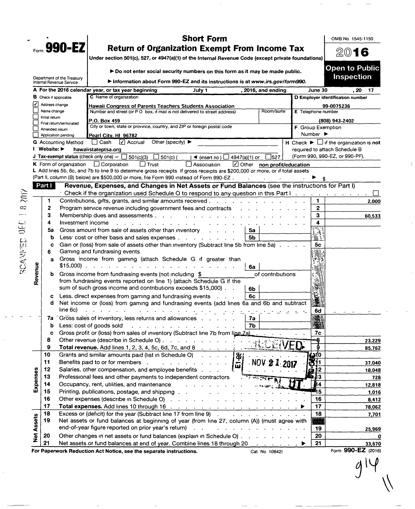 Image of first page of 2016 Form 990EO for Hawaii Congress of Parents Teachers and Students Association