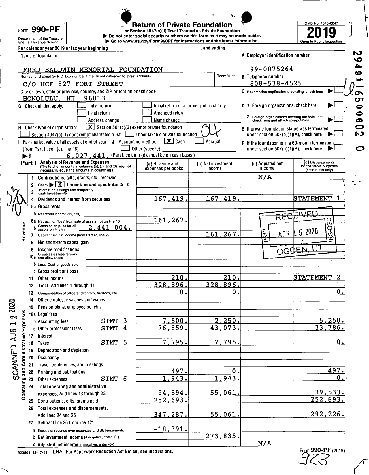 Image of first page of 2019 Form 990PR for Fred Baldwin Memorial Foundation