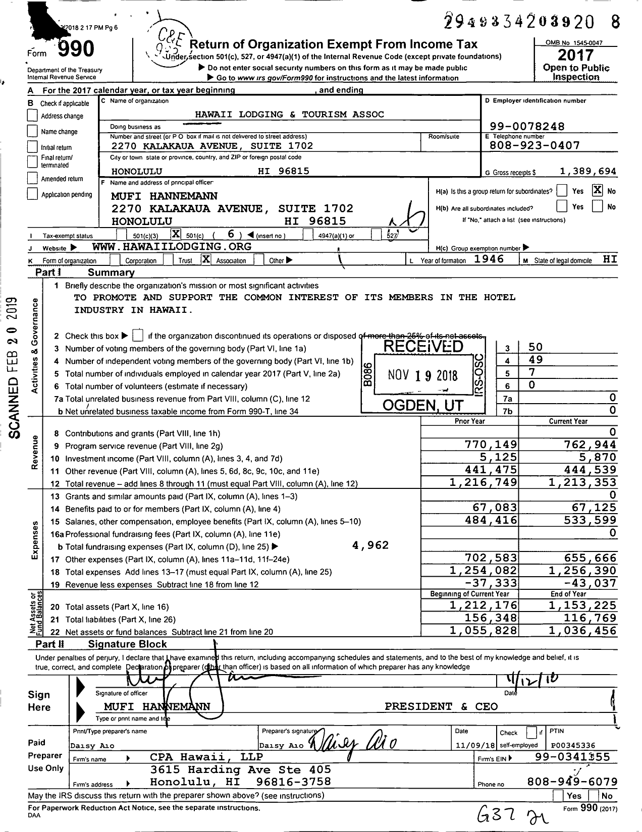 Image of first page of 2017 Form 990O for Hawaii Lodging & Tourism Association (HLTA)