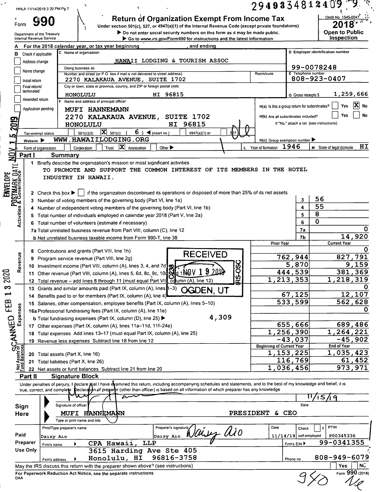 Image of first page of 2018 Form 990O for Hawaii Lodging & Tourism Association (HLTA)