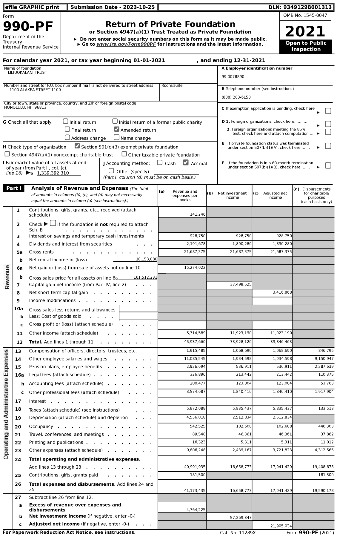 Image of first page of 2021 Form 990PF for Queen Liliuokalani Trust