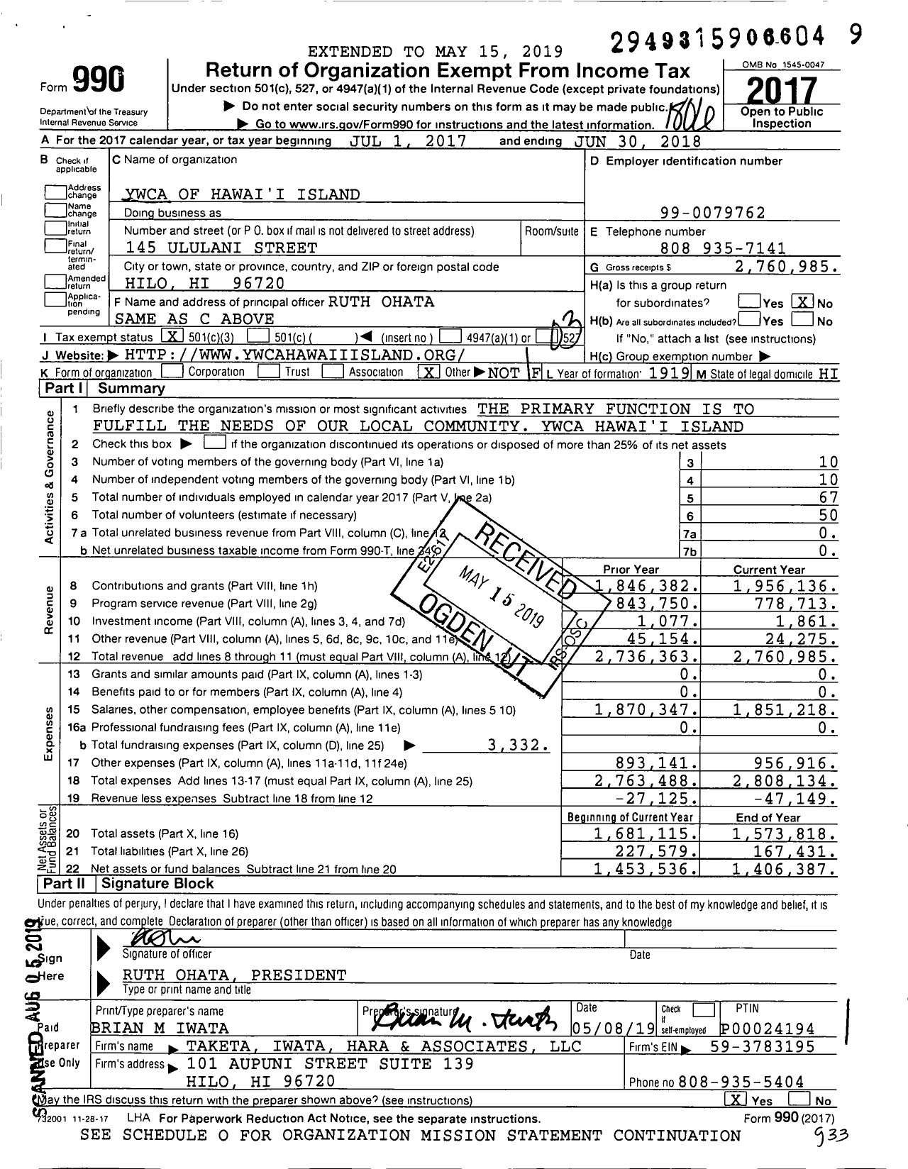 Image of first page of 2017 Form 990 for YWCA of Hawaii Island