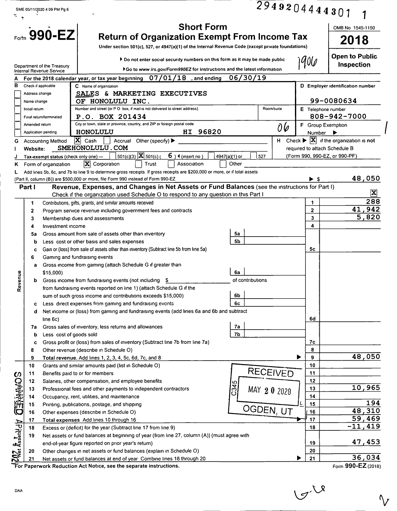 Image of first page of 2018 Form 990EO for Sales and Marketing Executives of Honolulu