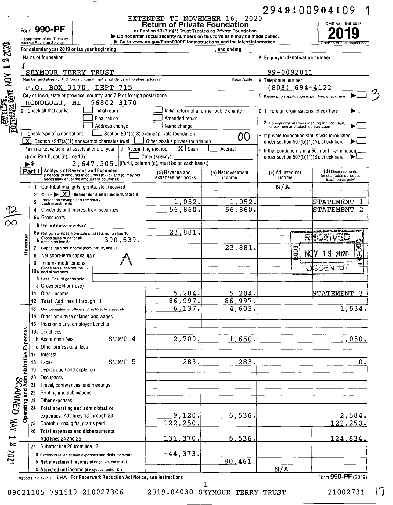 Image of first page of 2019 Form 990PF for Seymour Terry Trust