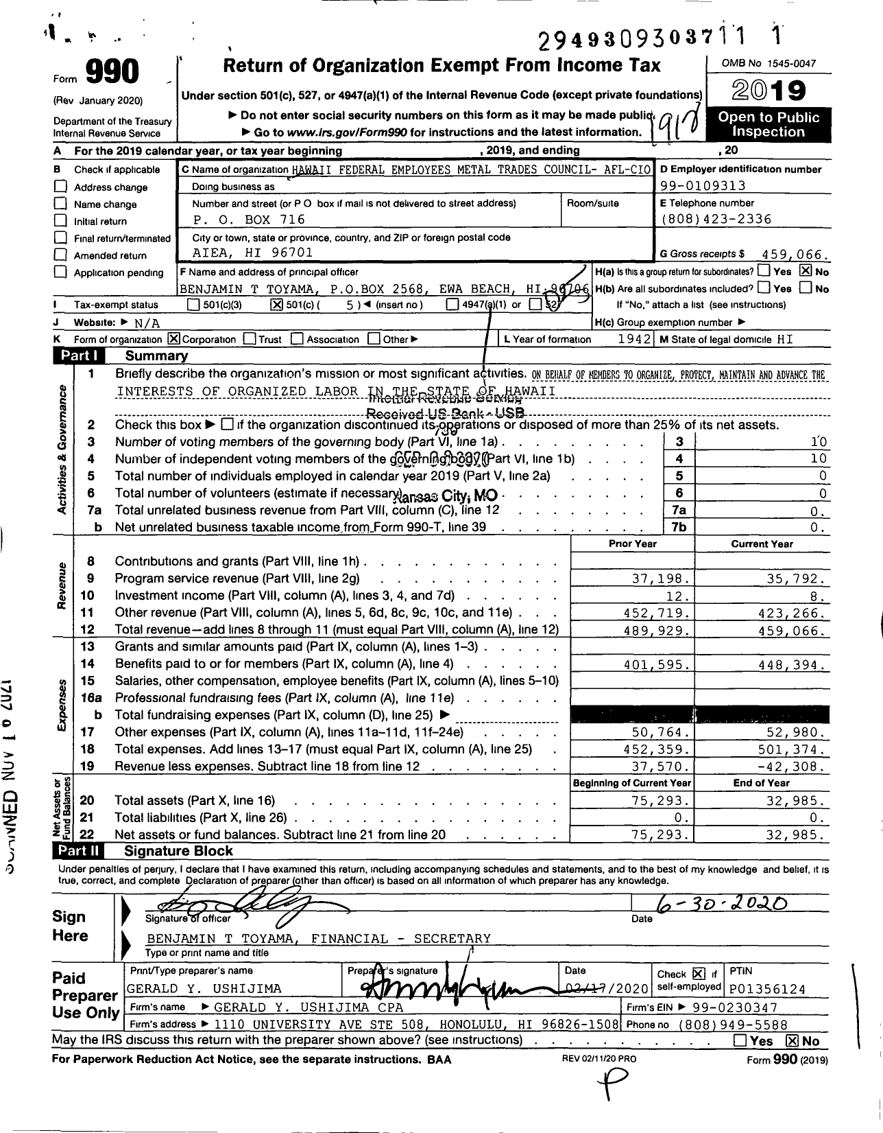 Image of first page of 2019 Form 990O for AFL-CIO - Hawaii Federal Employees MTC