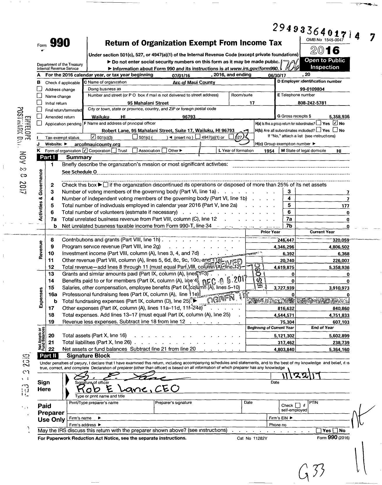 Image of first page of 2016 Form 990 for ARC of Maui County