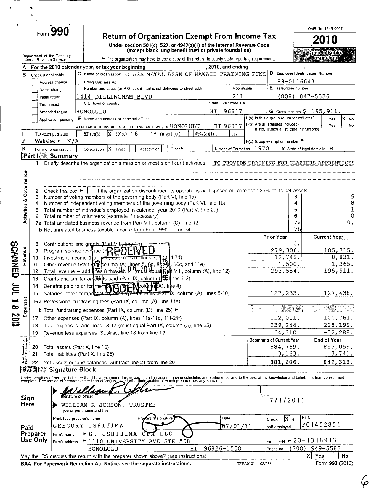 Image of first page of 2010 Form 990O for Hawaii Glaziers Apprenticeship and Training Trust Fund