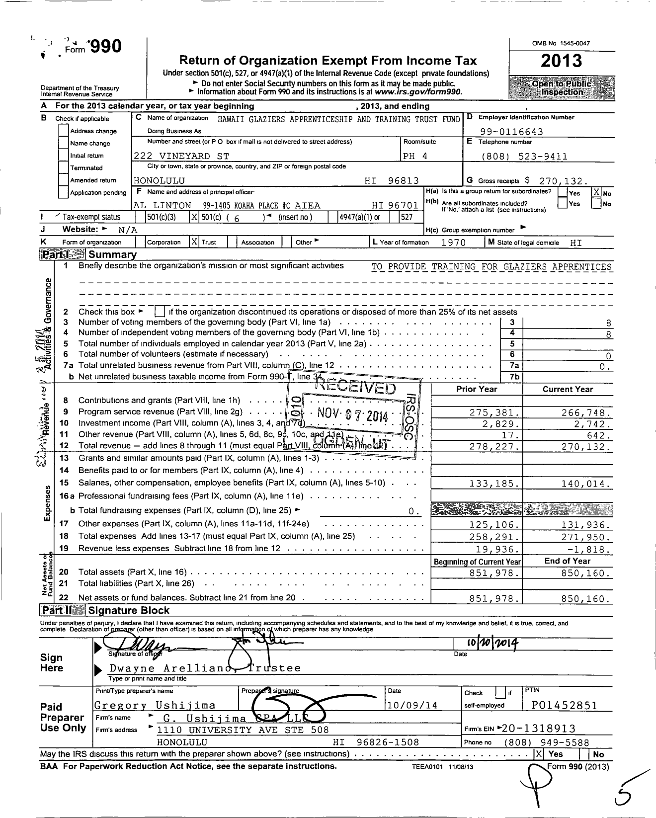 Image of first page of 2013 Form 990O for Hawaii Glaziers Apprenticeship and Training Trust Fund