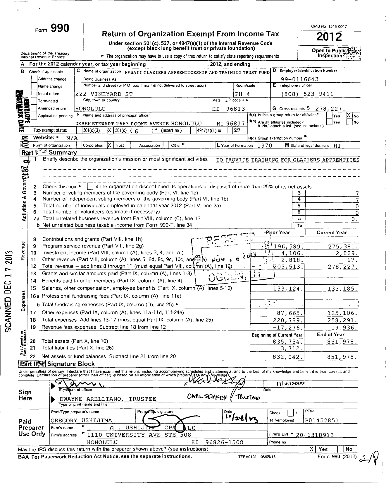 Image of first page of 2012 Form 990O for Hawaii Glaziers Apprenticeship and Training Trust Fund