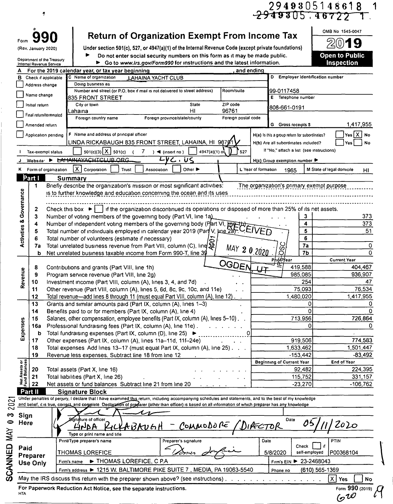 Image of first page of 2019 Form 990O for Lahaina Yacht Club