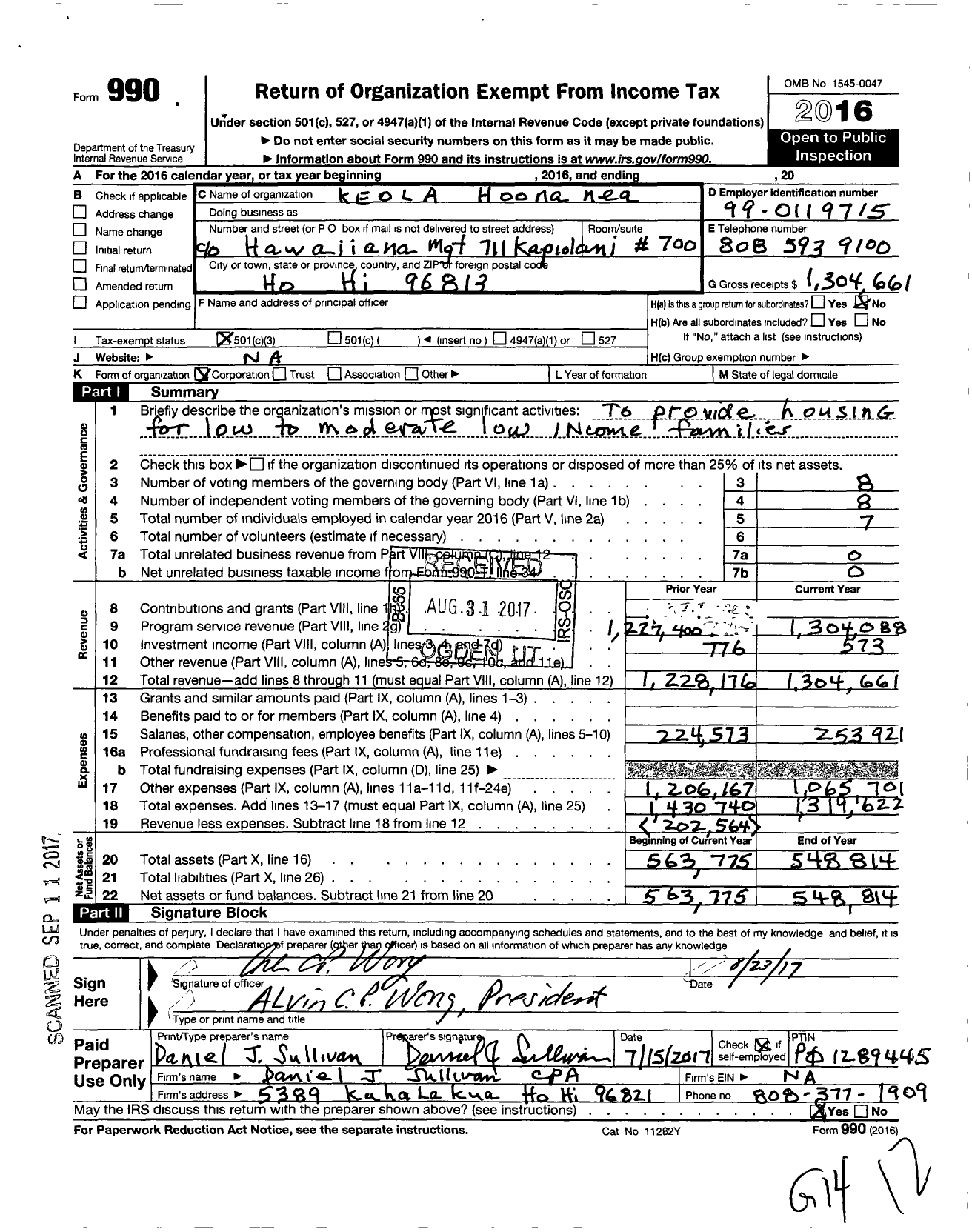 Image of first page of 2016 Form 990 for Keola Hoonanea