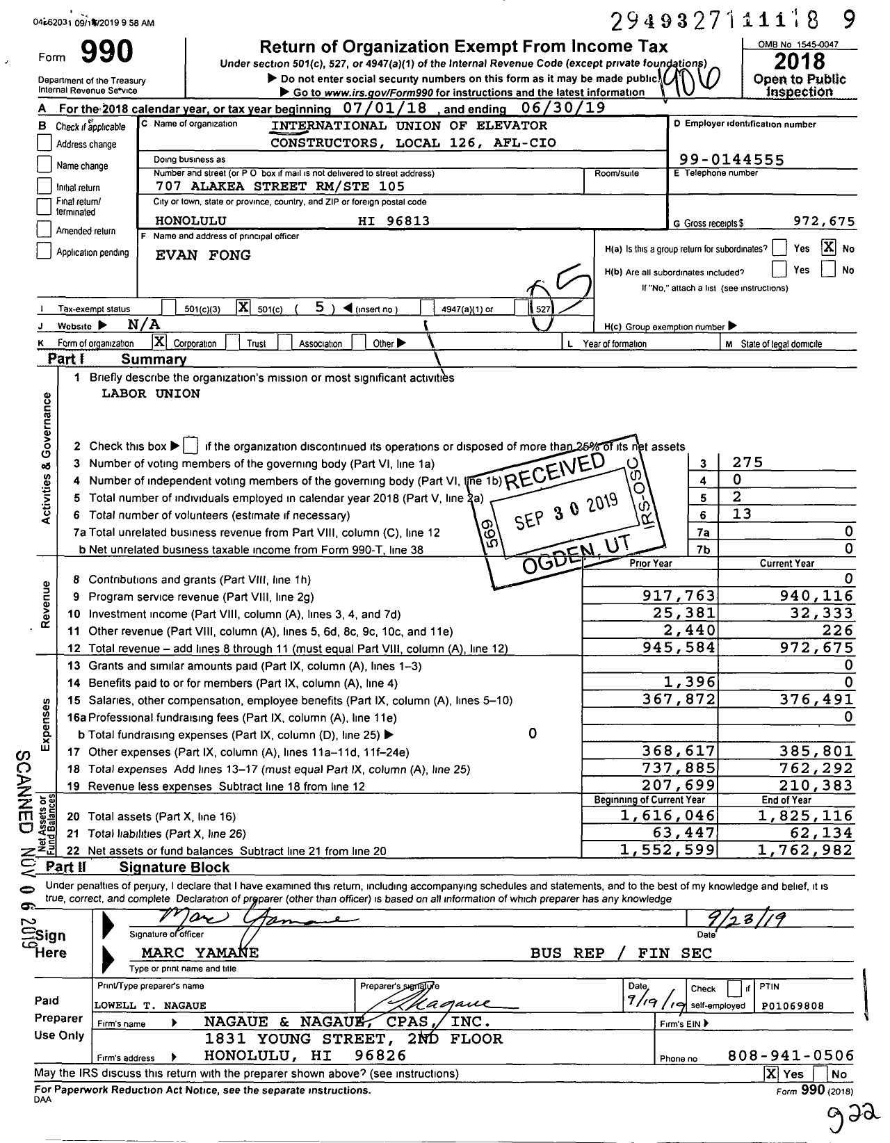 Image of first page of 2018 Form 990O for International Union of Elevator Constructors - 126 Eci