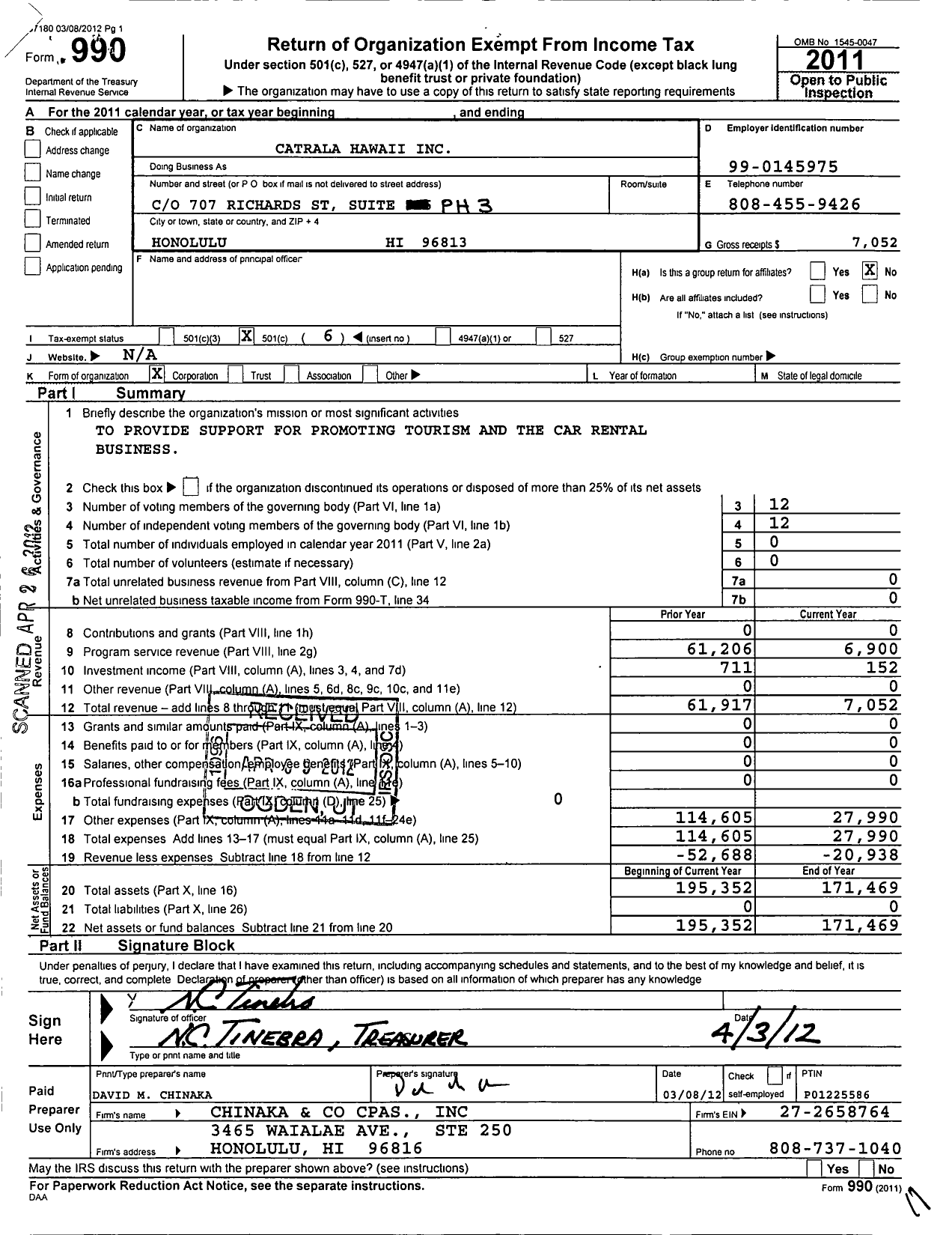 Image of first page of 2011 Form 990O for Catrala Hawaii