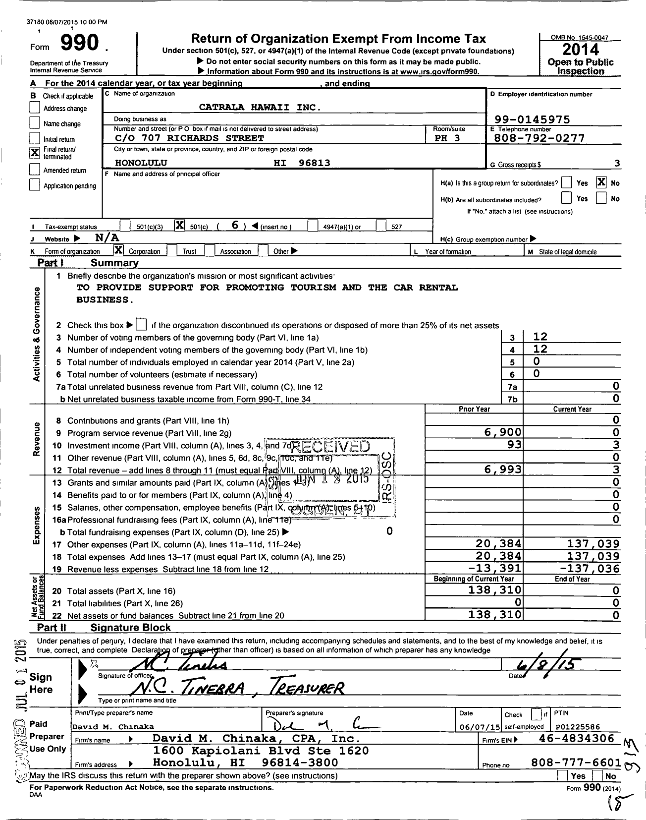 Image of first page of 2014 Form 990O for Catrala Hawaii