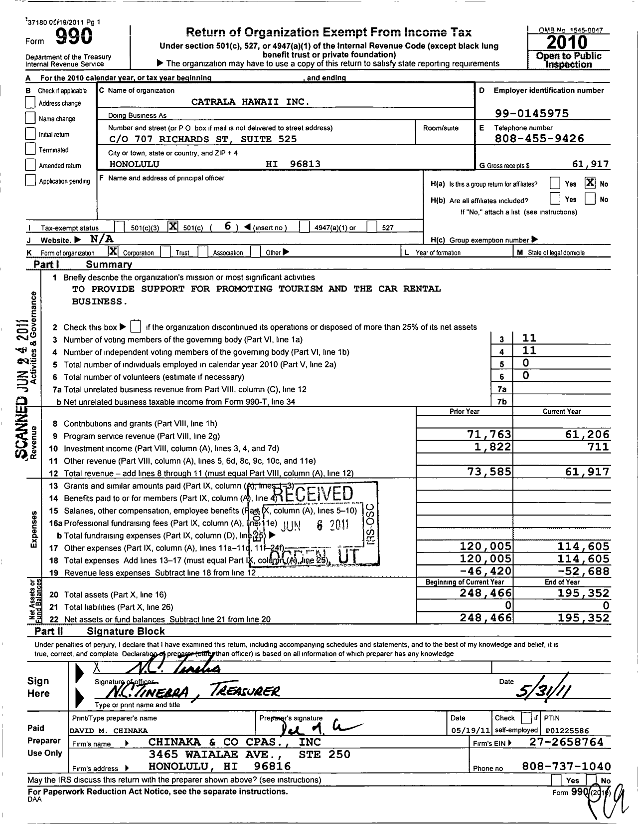 Image of first page of 2010 Form 990O for Catrala Hawaii