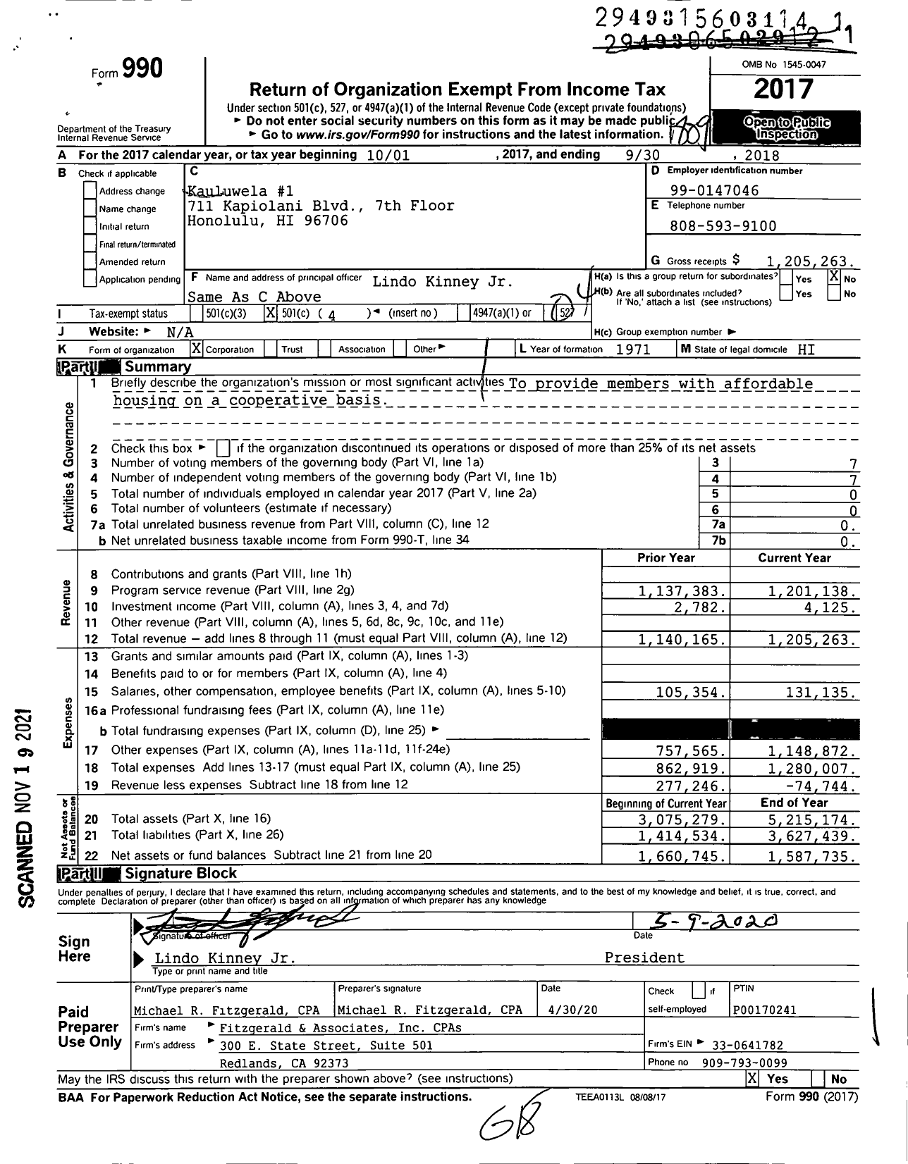 Image of first page of 2017 Form 990O for Kauluwela I