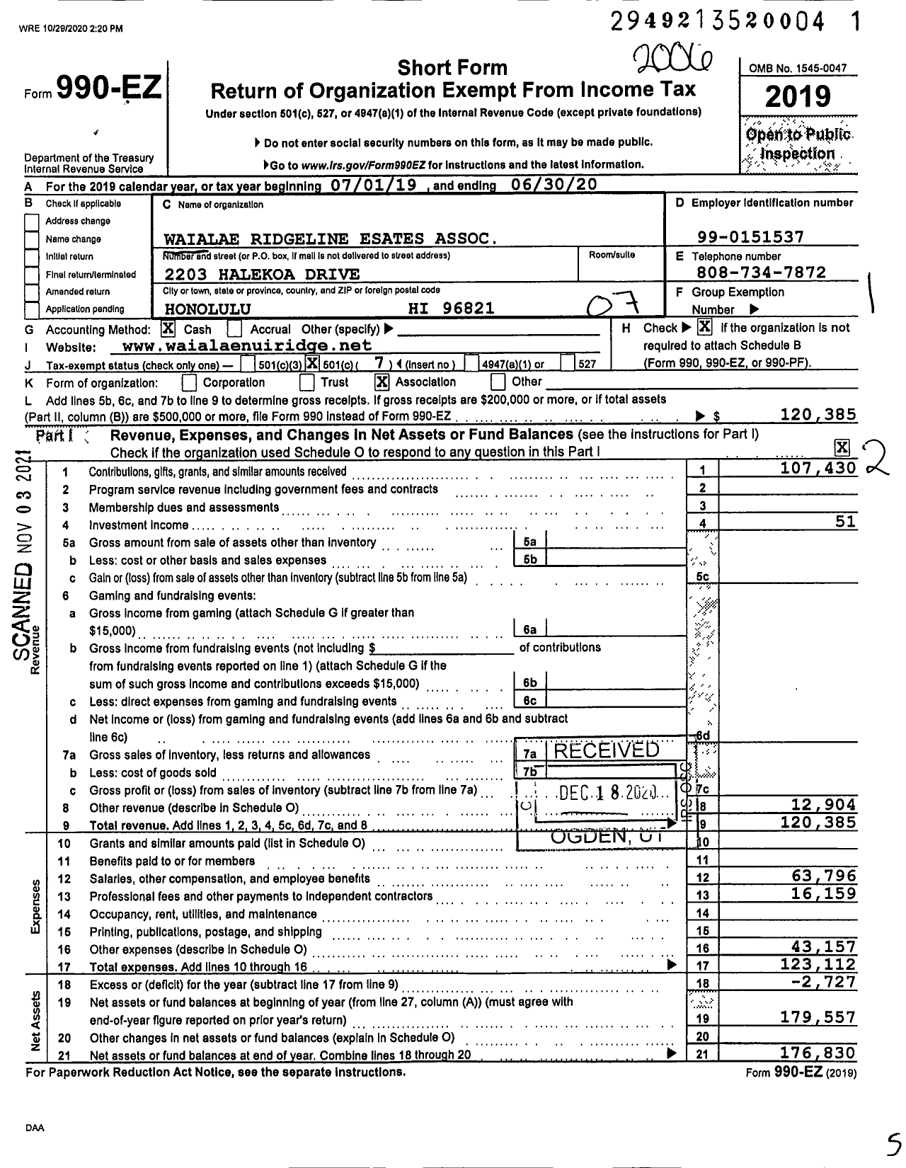 Image of first page of 2019 Form 990EO for Waialae Ridgeline Esates Association