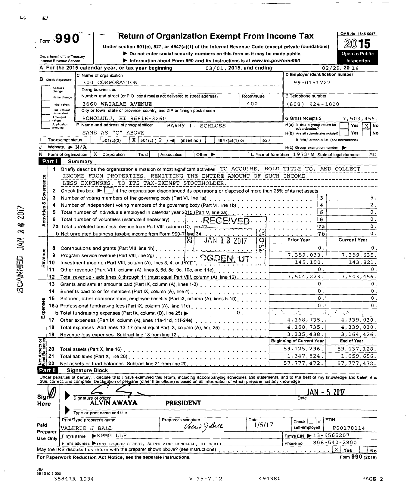 Image of first page of 2015 Form 990O for 300 Corporation