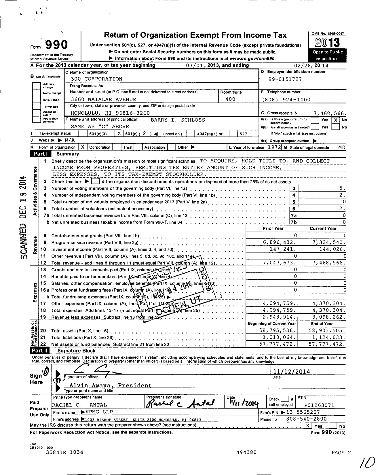 Image of first page of 2013 Form 990O for 300 Corporation
