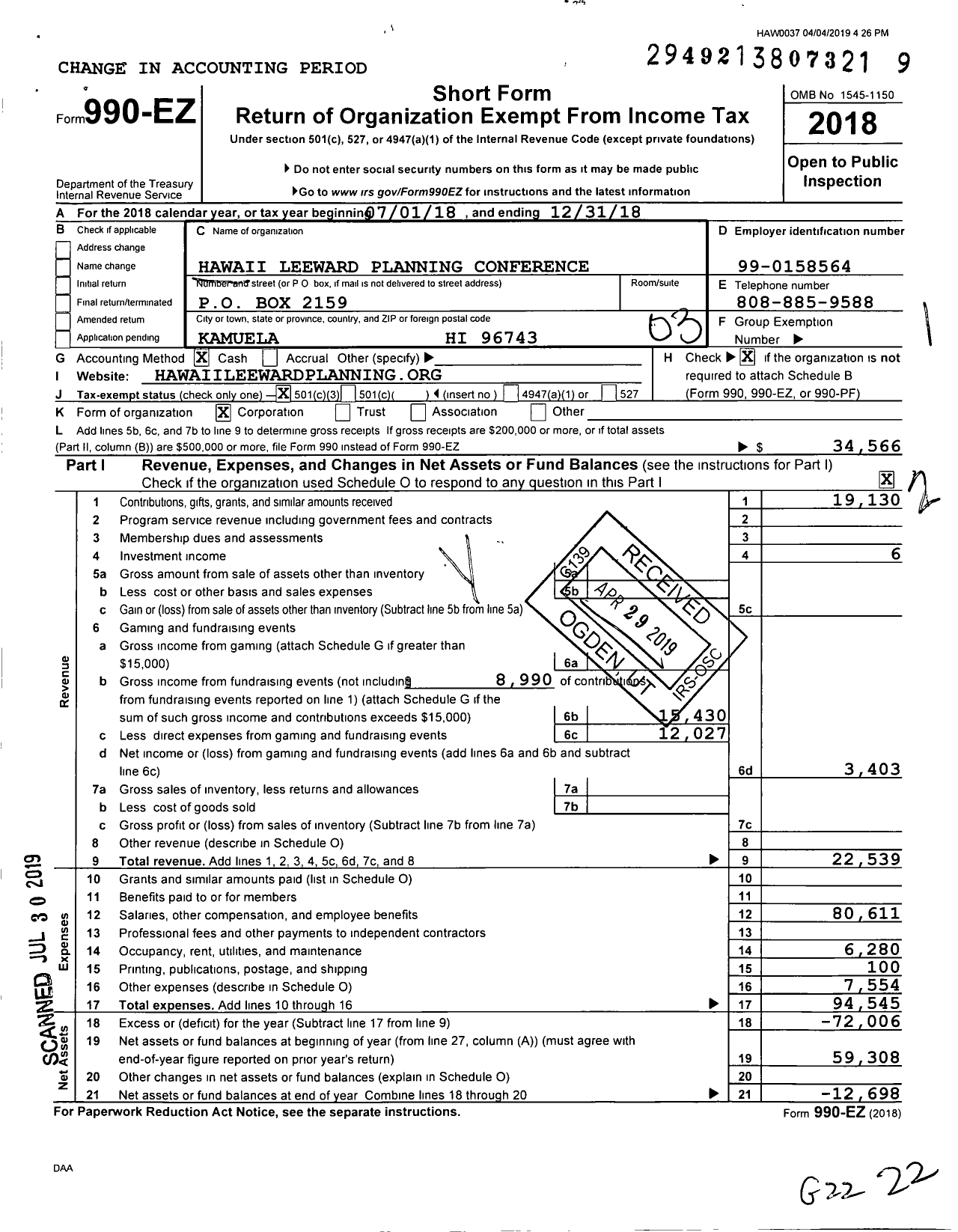 Image of first page of 2018 Form 990EZ for Hawaii Leeward Planning Conference