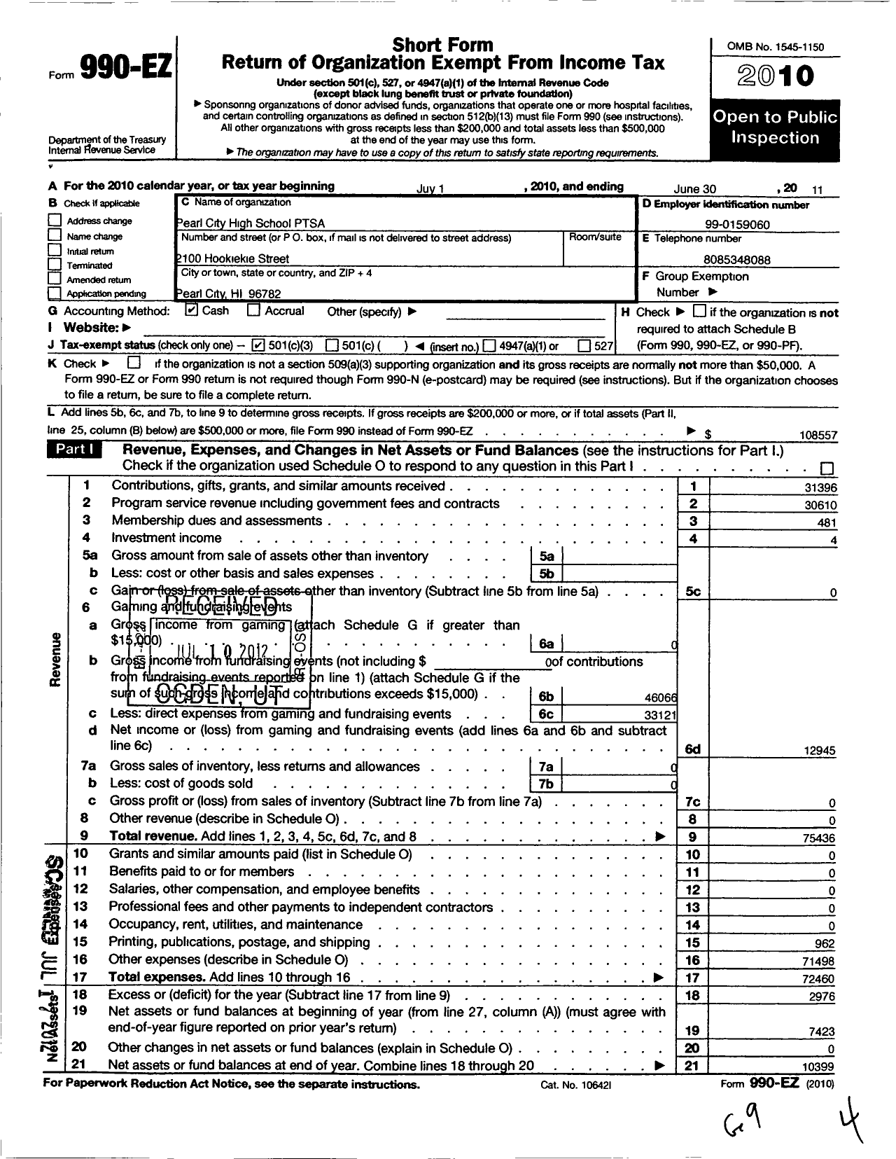 Image of first page of 2010 Form 990EZ for Pearl City High School PTSA