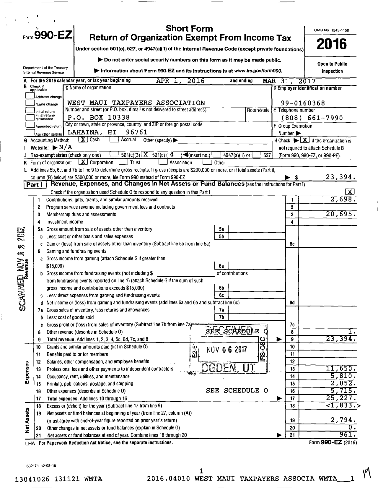 Image of first page of 2016 Form 990EO for West Maui Taxpayers Association