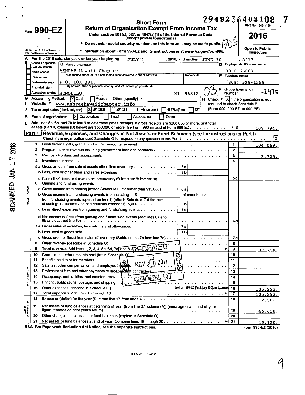 Image of first page of 2016 Form 990EZ for American Society of Heating Hawaii