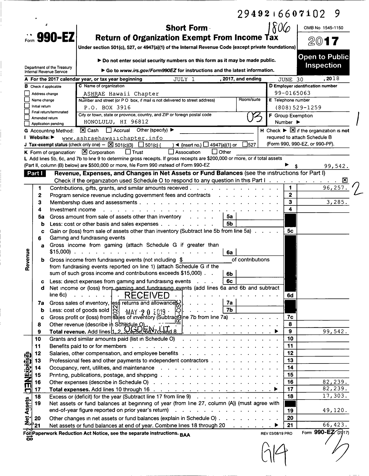 Image of first page of 2017 Form 990EZ for American Society of Heating Hawaii