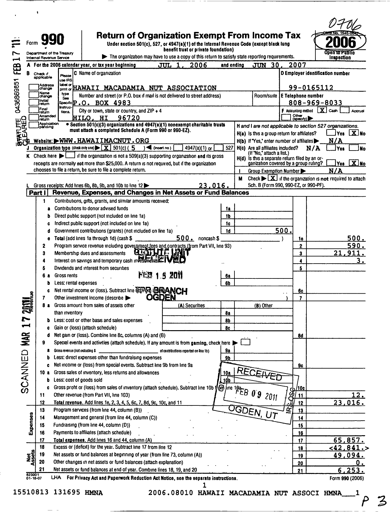 Image of first page of 2006 Form 990O for Hawaii Macadamia Nut Association