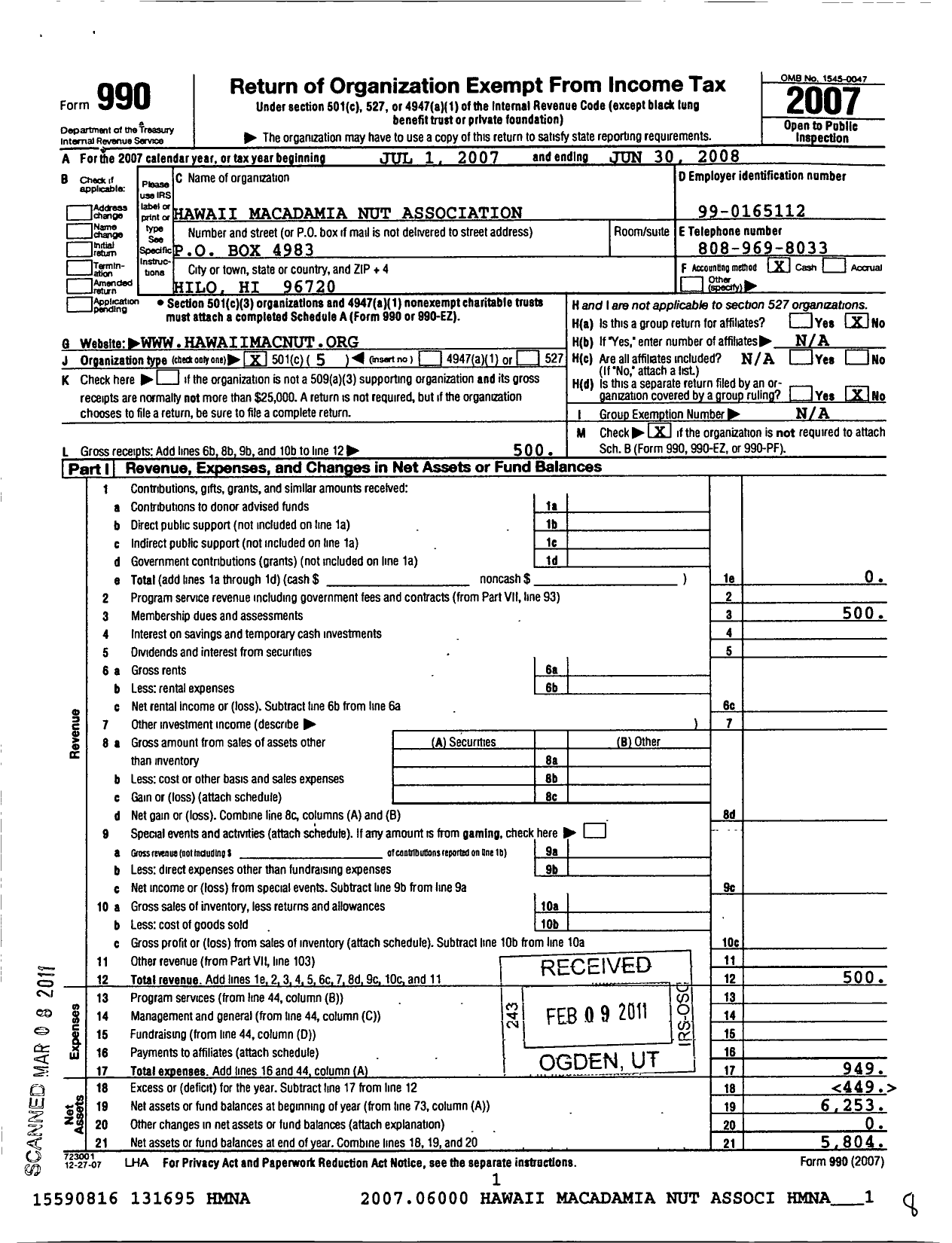 Image of first page of 2007 Form 990O for Hawaii Macadamia Nut Association