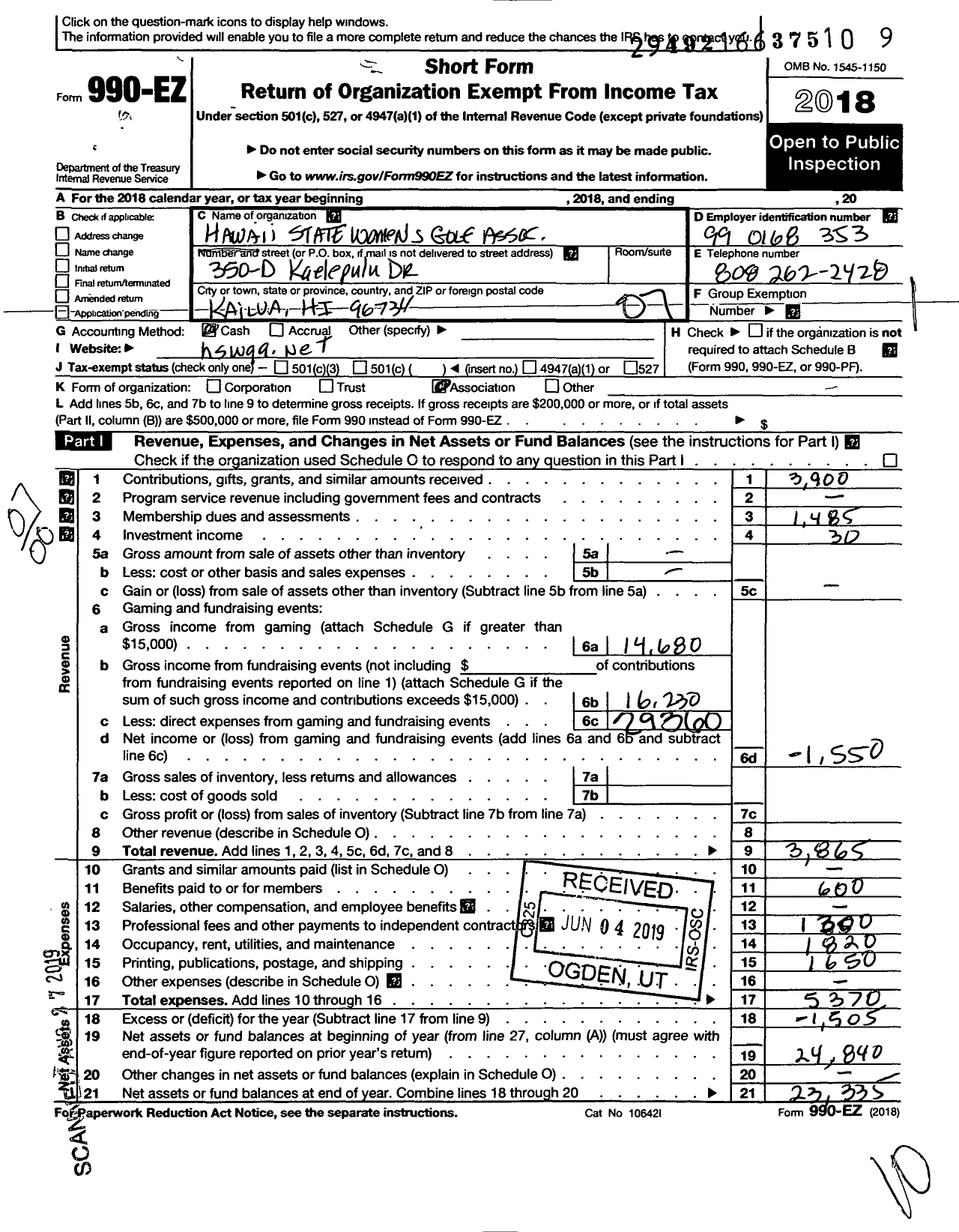 Image of first page of 2018 Form 990EO for Hawaii State Womens Golf Association