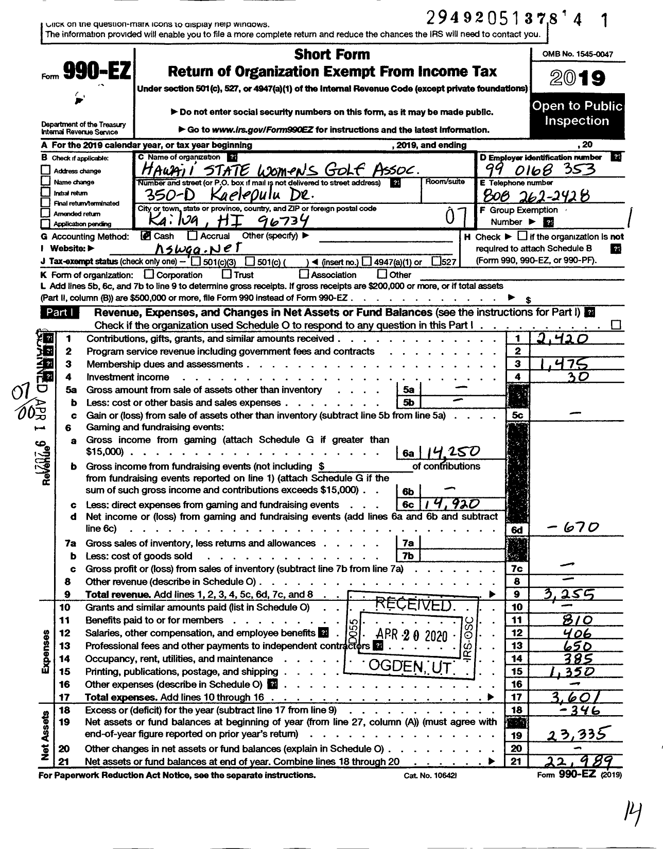 Image of first page of 2019 Form 990EO for Hawaii State Womens Golf Association