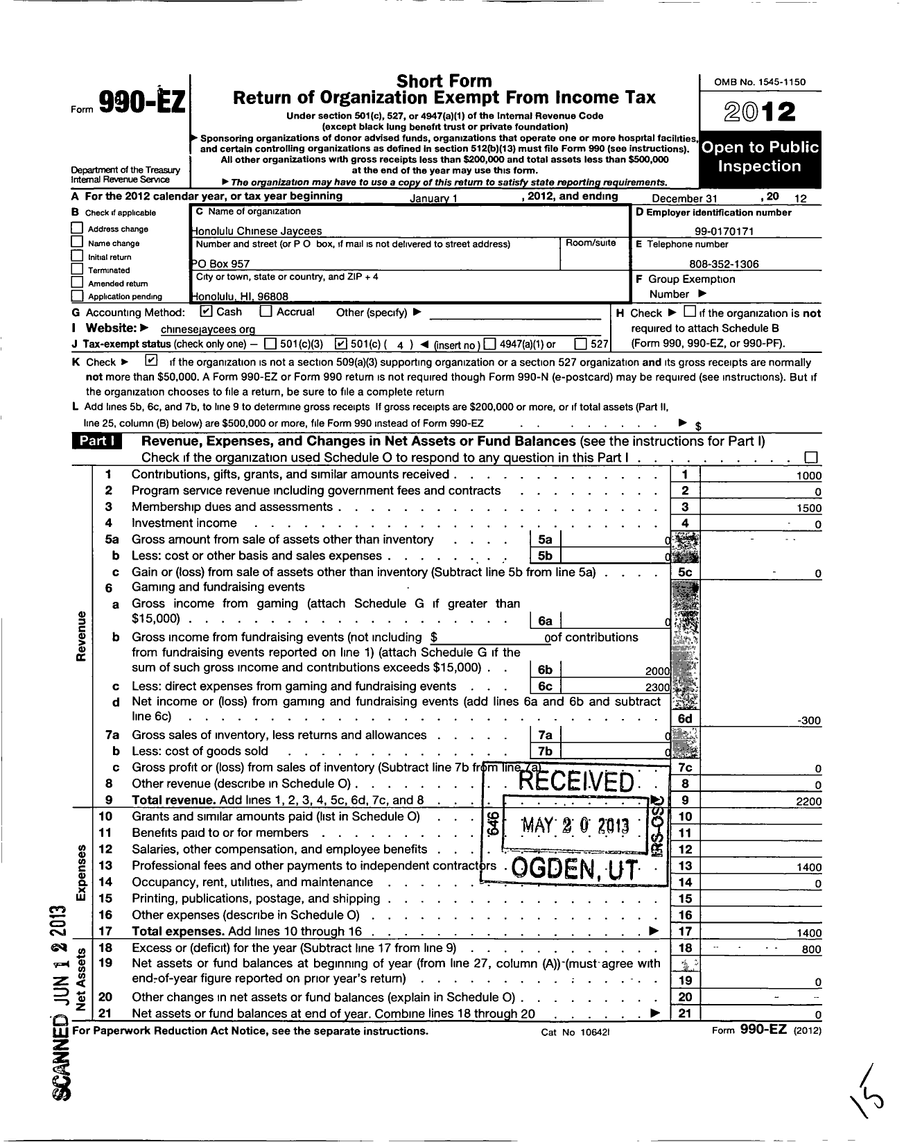 Image of first page of 2012 Form 990EO for United States Junior Chamber of Commerce / Honolulu Chinese Jaycees
