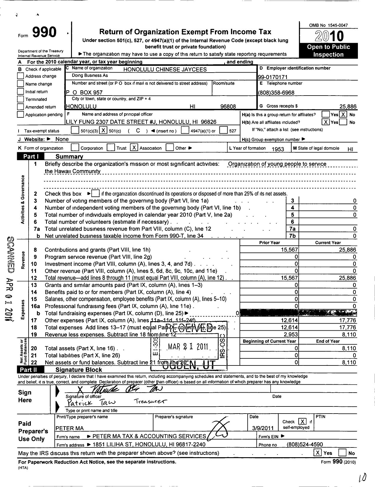 Image of first page of 2010 Form 990O for United States Junior Chamber of Commerce / Honolulu Chinese Jaycees