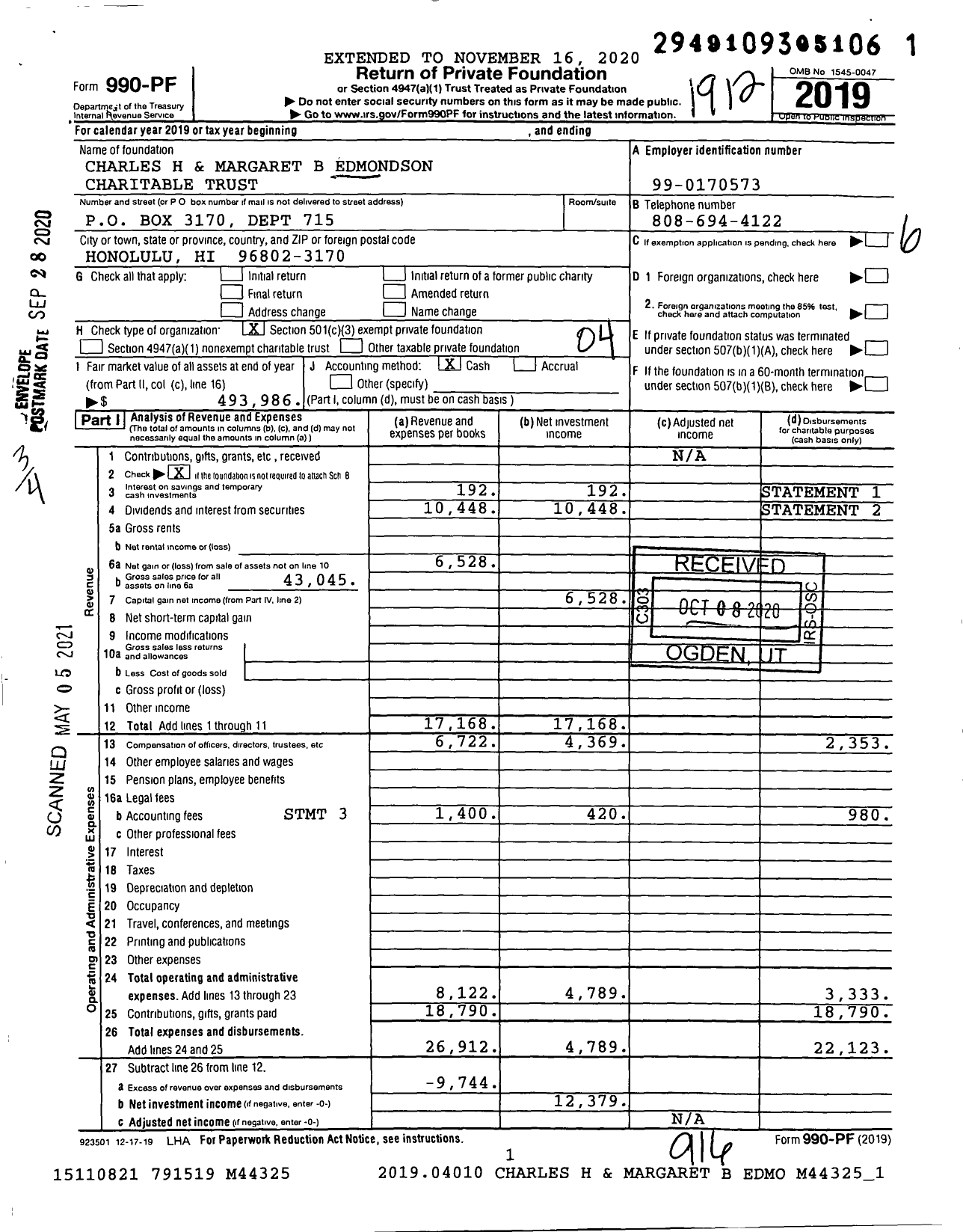 Image of first page of 2019 Form 990PF for Charles H and Margaret Edmondson Edmondson Charitable