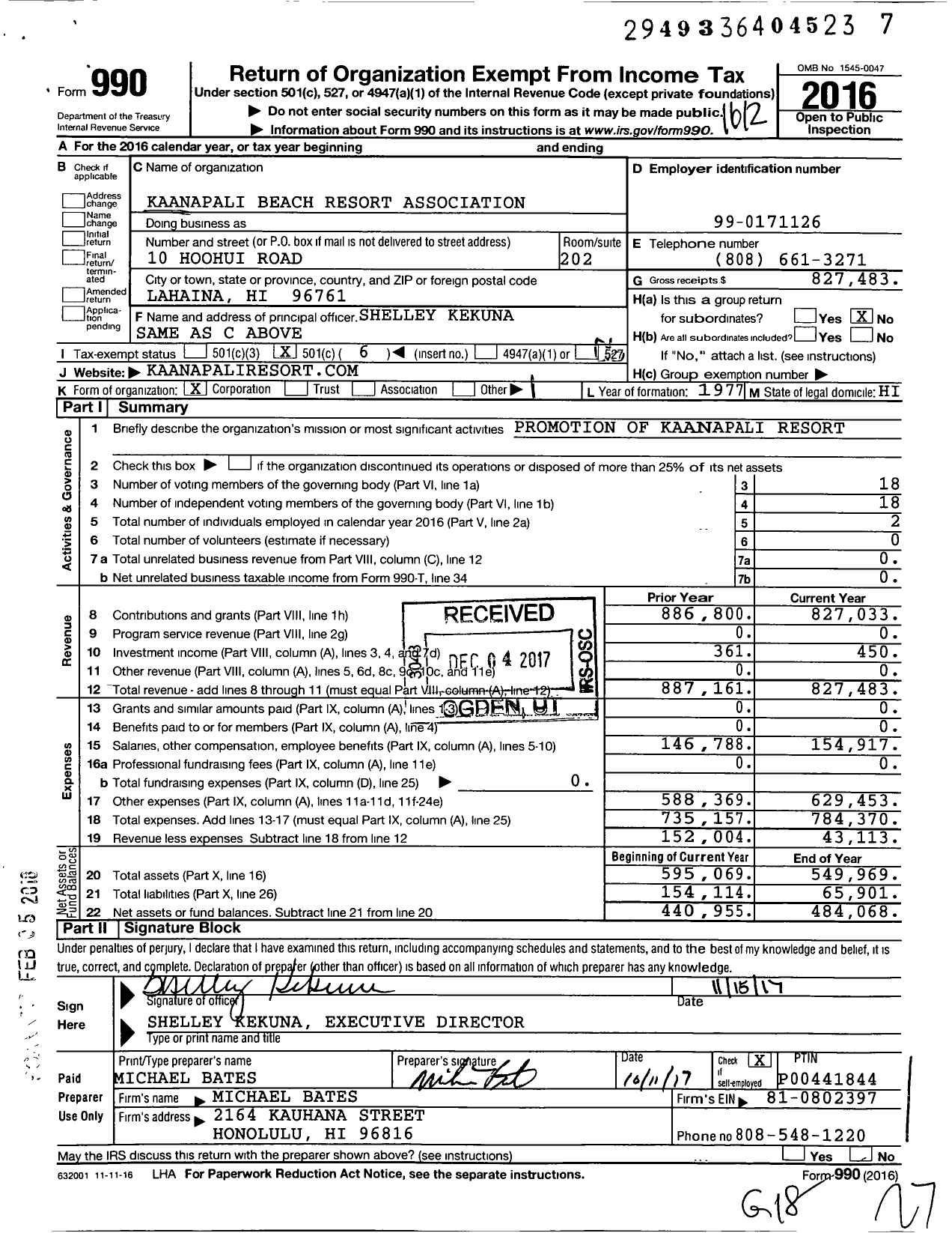 Image of first page of 2016 Form 990O for Kaanapali Beach Resort Association