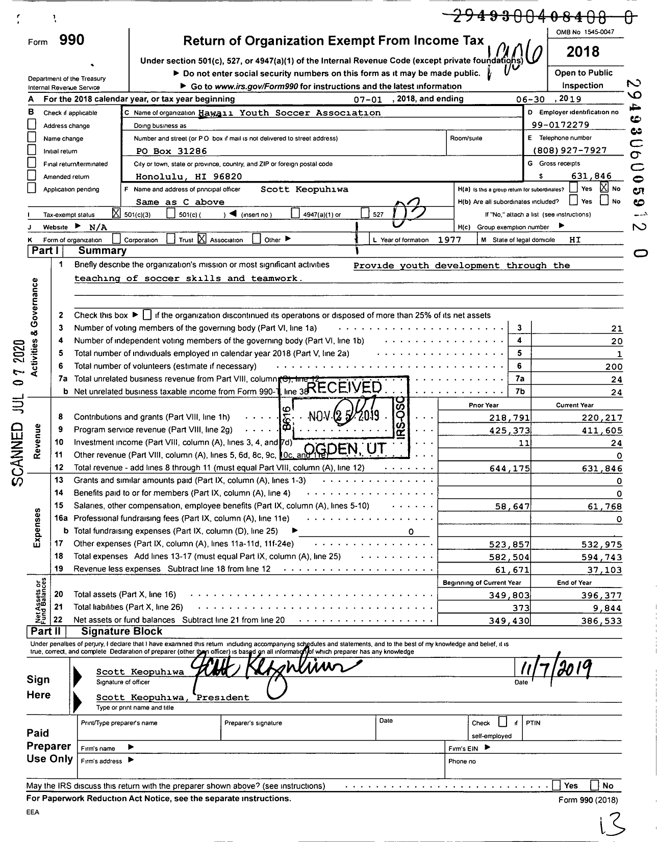 Image of first page of 2018 Form 990 for Hawaii Youth Soccer Association