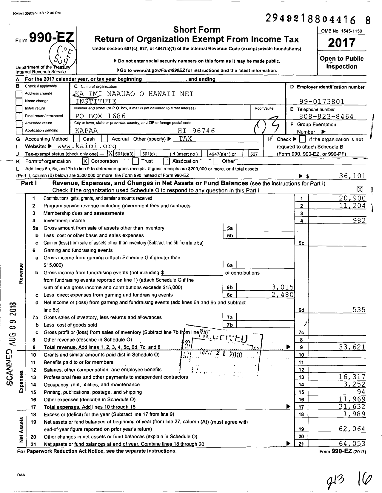 Image of first page of 2017 Form 990EZ for Ka Imi Naauao Auao O Hawaii Nei