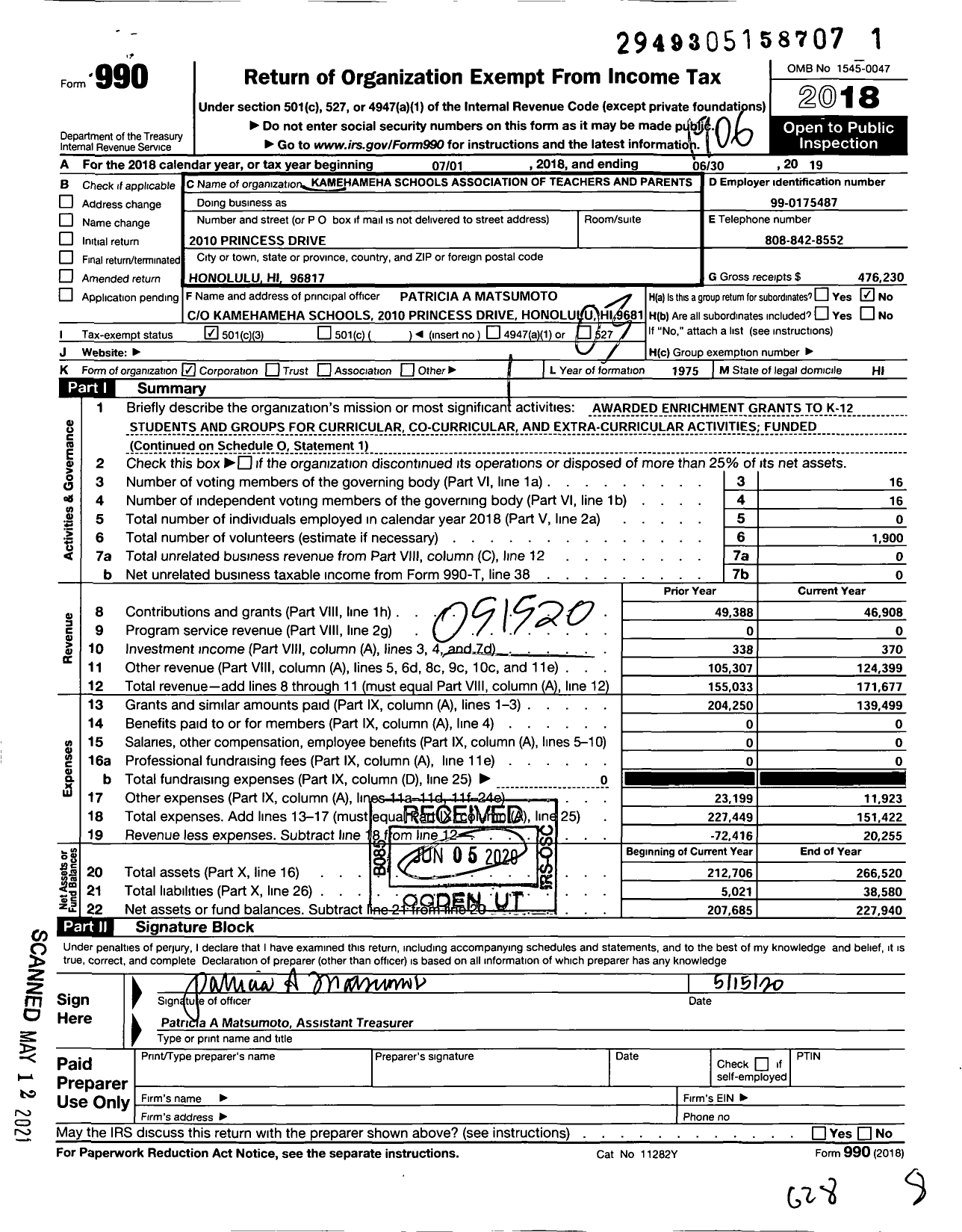 Image of first page of 2018 Form 990 for Kamehameha Schools Association of Teachers and Parents