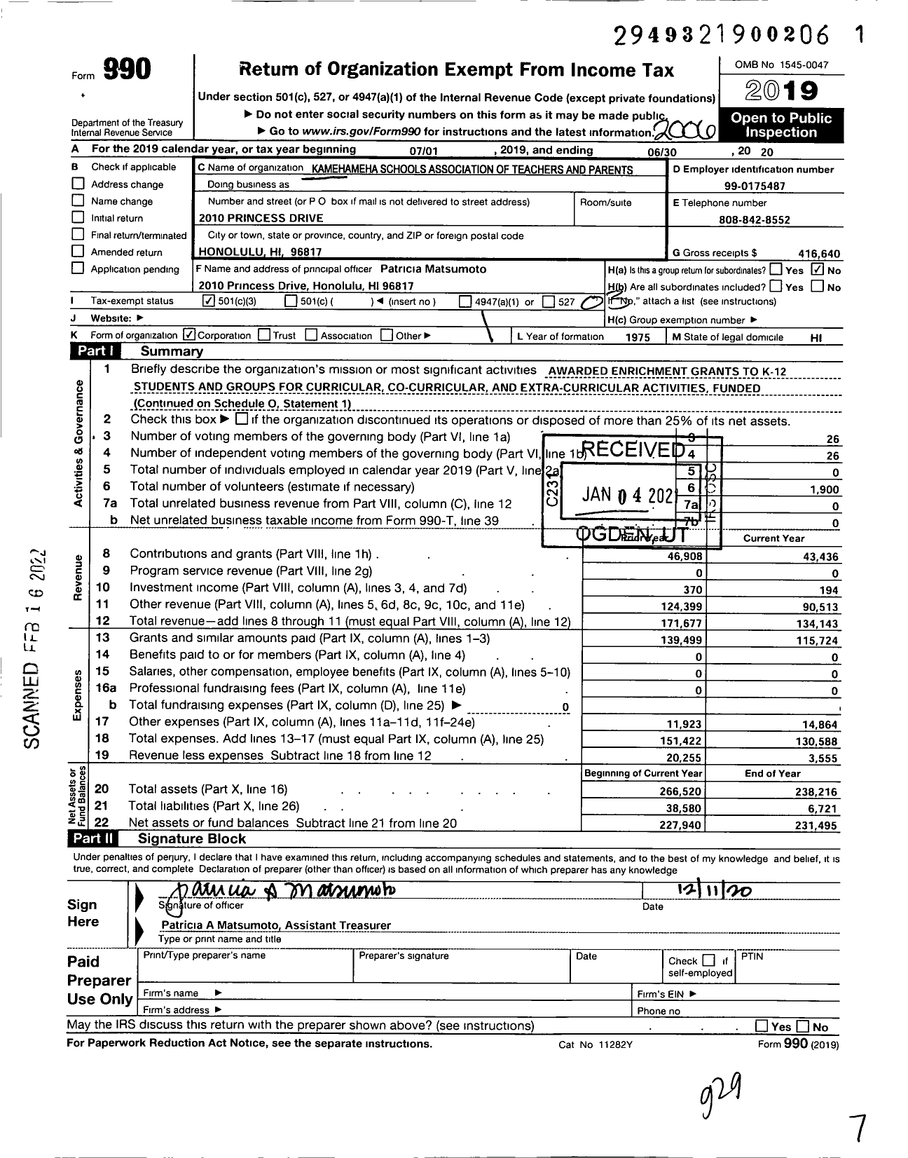 Image of first page of 2019 Form 990 for Kamehameha Schools Association of Teachers and Parents