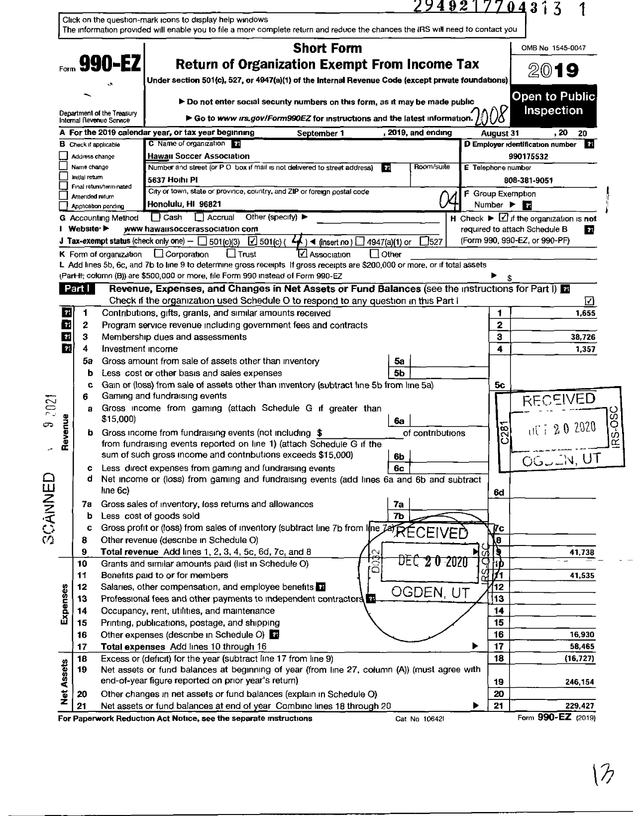 Image of first page of 2019 Form 990EO for Hawaii Soccer Association