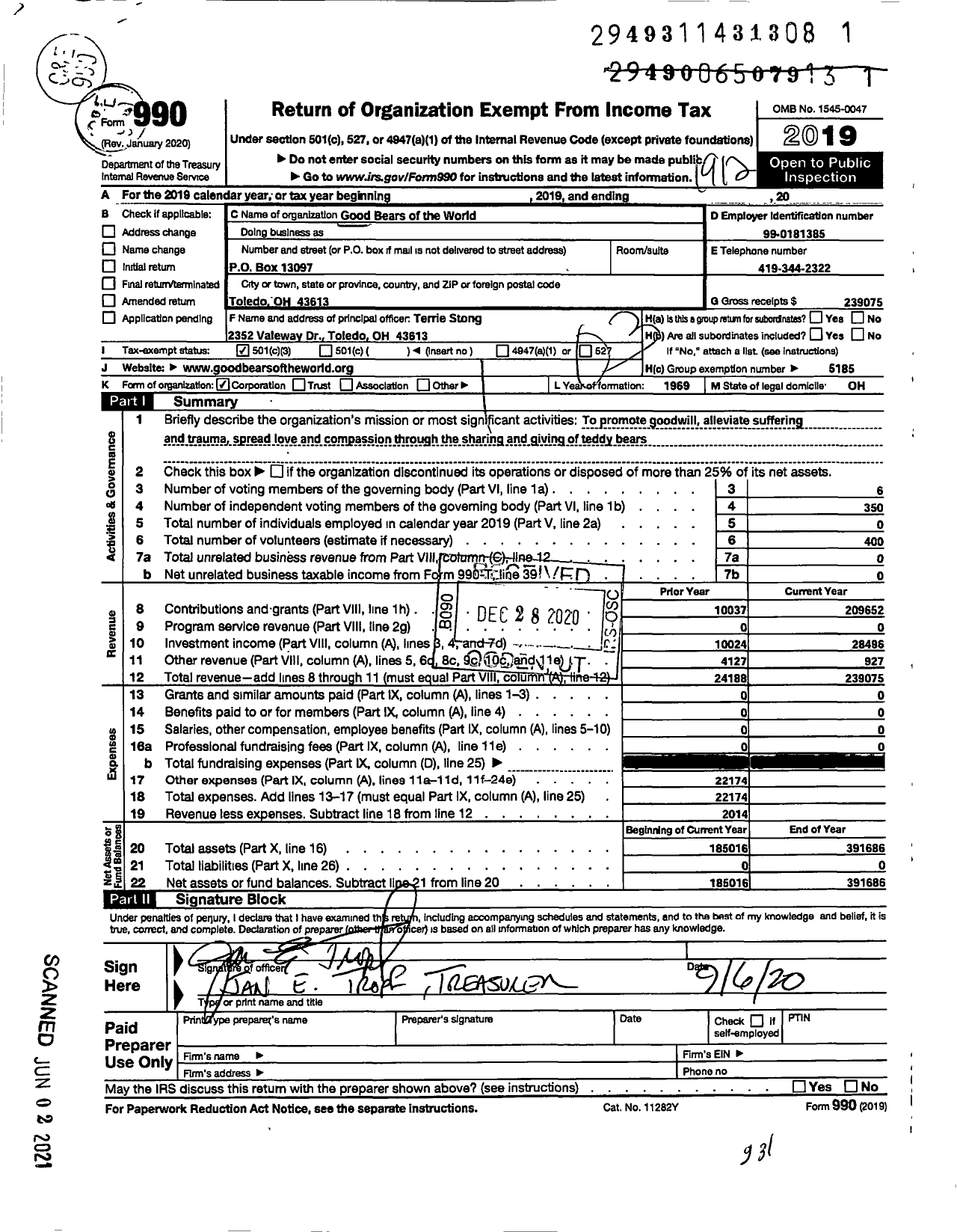 Image of first page of 2019 Form 990 for Good Bears of the World