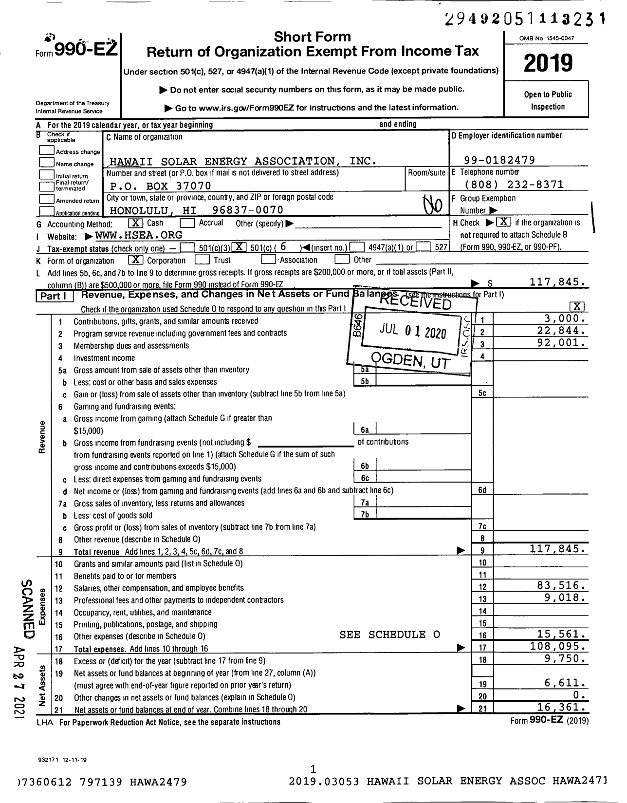 Image of first page of 2019 Form 990EO for Hawaii Solar Energy Association