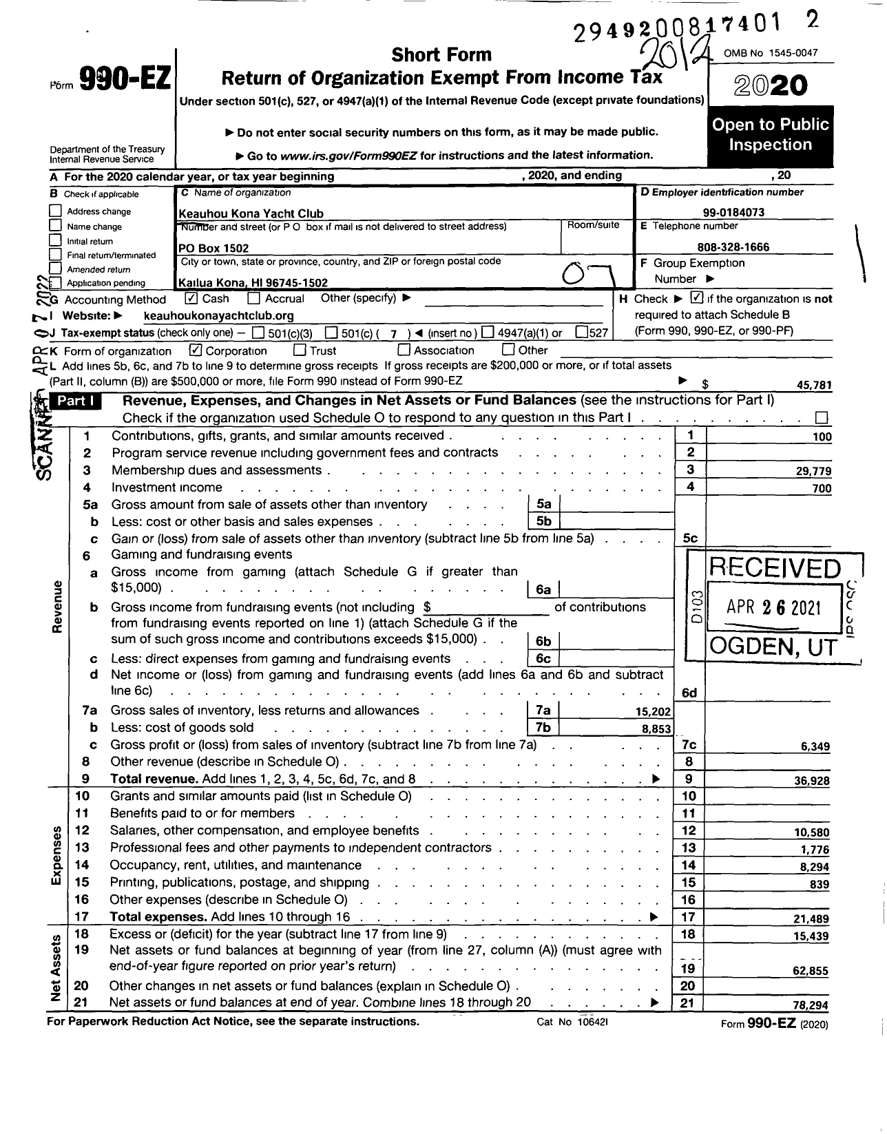 Image of first page of 2020 Form 990EO for Keauhou-Kona Yacht Club