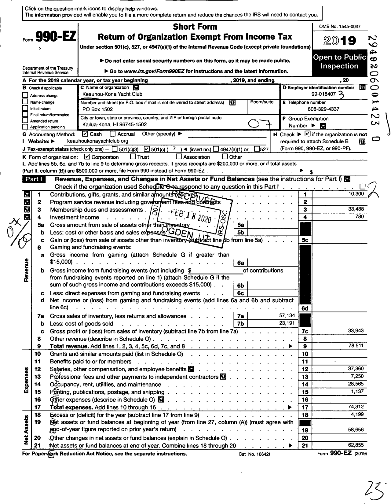 Image of first page of 2019 Form 990EO for Keauhou-Kona Yacht Club