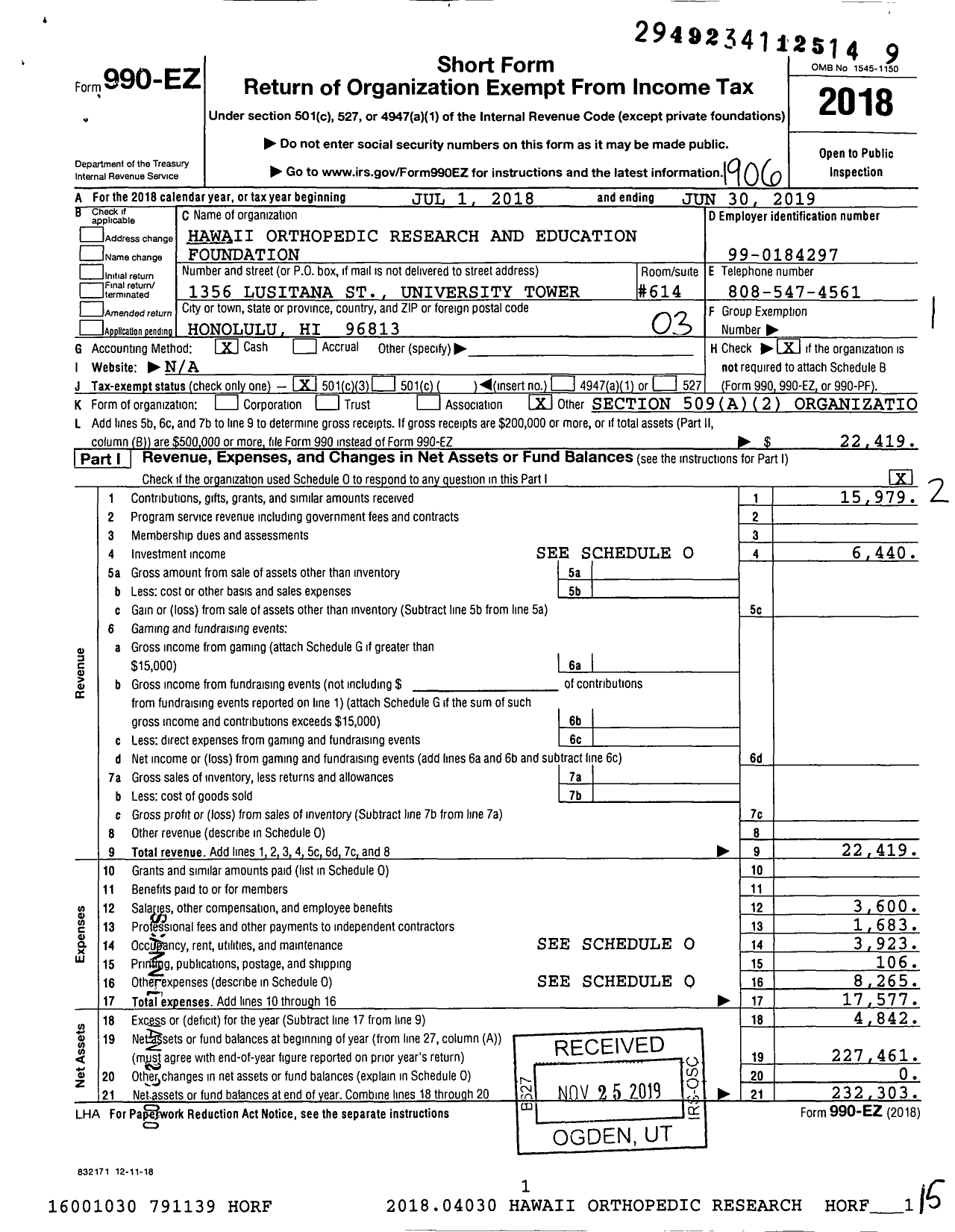 Image of first page of 2018 Form 990EZ for Hawaii Orthopaedic Research and Education Foundation